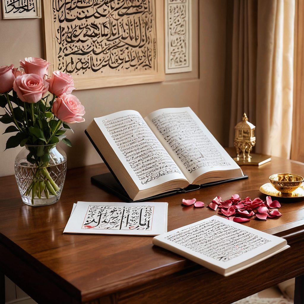 A serene study scene showcasing an open Arabic grammar book, love letters, and financial charts scattered around. In the background, a traditional Arabic calligraphy art piece elegantly blends with modern finance symbols. Soft warm lighting illuminates the space, evoking a sense of romance and intellect. The atmosphere is enriched with a subtle hint of rose petals, symbolizing love. super-realistic. vibrant colors. cozy ambiance.