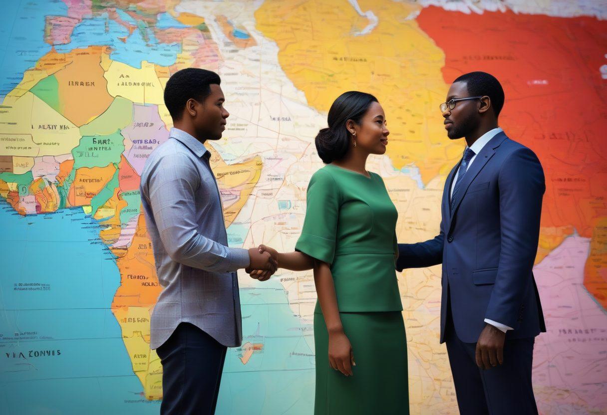 A lively illustration of two diverse individuals standing together, analyzing a large linguistic map made of words and phrases related to insurance concepts. Background features a handshake symbolizing trust and collaboration. Incorporate vibrant colors to enhance a sense of partnership and support in navigating risks. Super-realistic. 3D.